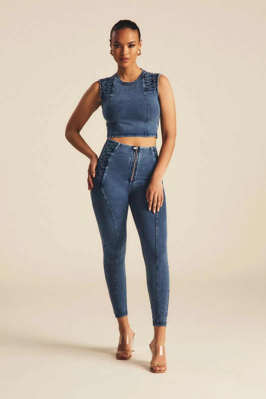 WRUP Denim Criss Cross Detail - High Waisted - 7/8 Length - Indigo Denim + Blue Stitching 1