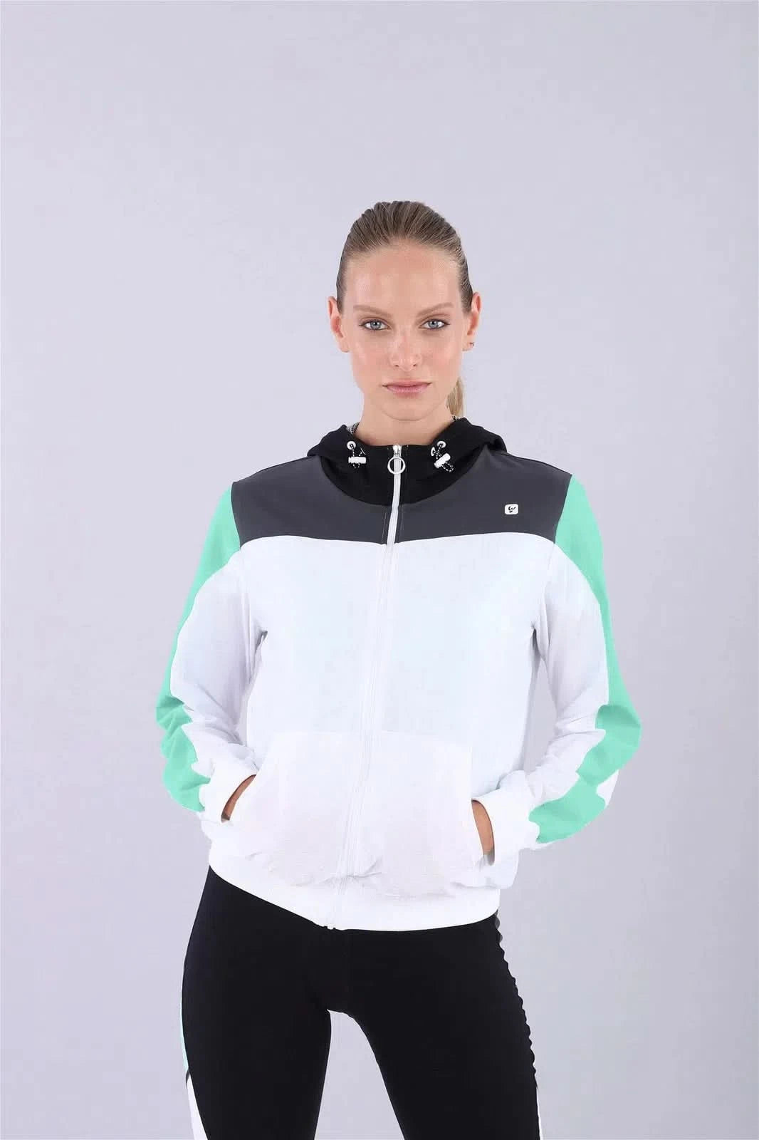 Zip Up Hoodie - White + Mint Sleeve 3