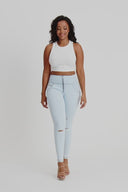WRUP SNUG Distressed Jeans - High Waisted - Full Length - Baby Blue + Yellow Stitching