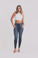 WRUP SNUG Jeans - High Waisted - Full Length - Dark Blue + Blue Stitching