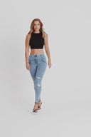 WRUP SNUG Distressed Jeans - High Waisted - Full Length - Light Blue + Blue Stitching