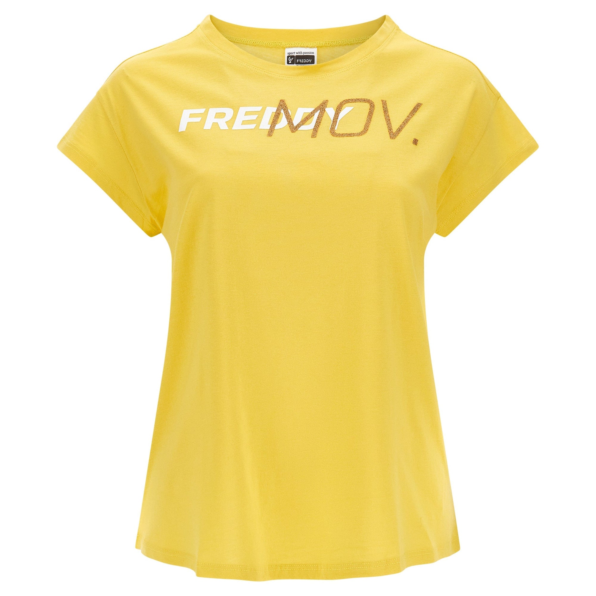 T Shirt with Ultrashort Sleeves - Yellow + Gold Glitter Print 1