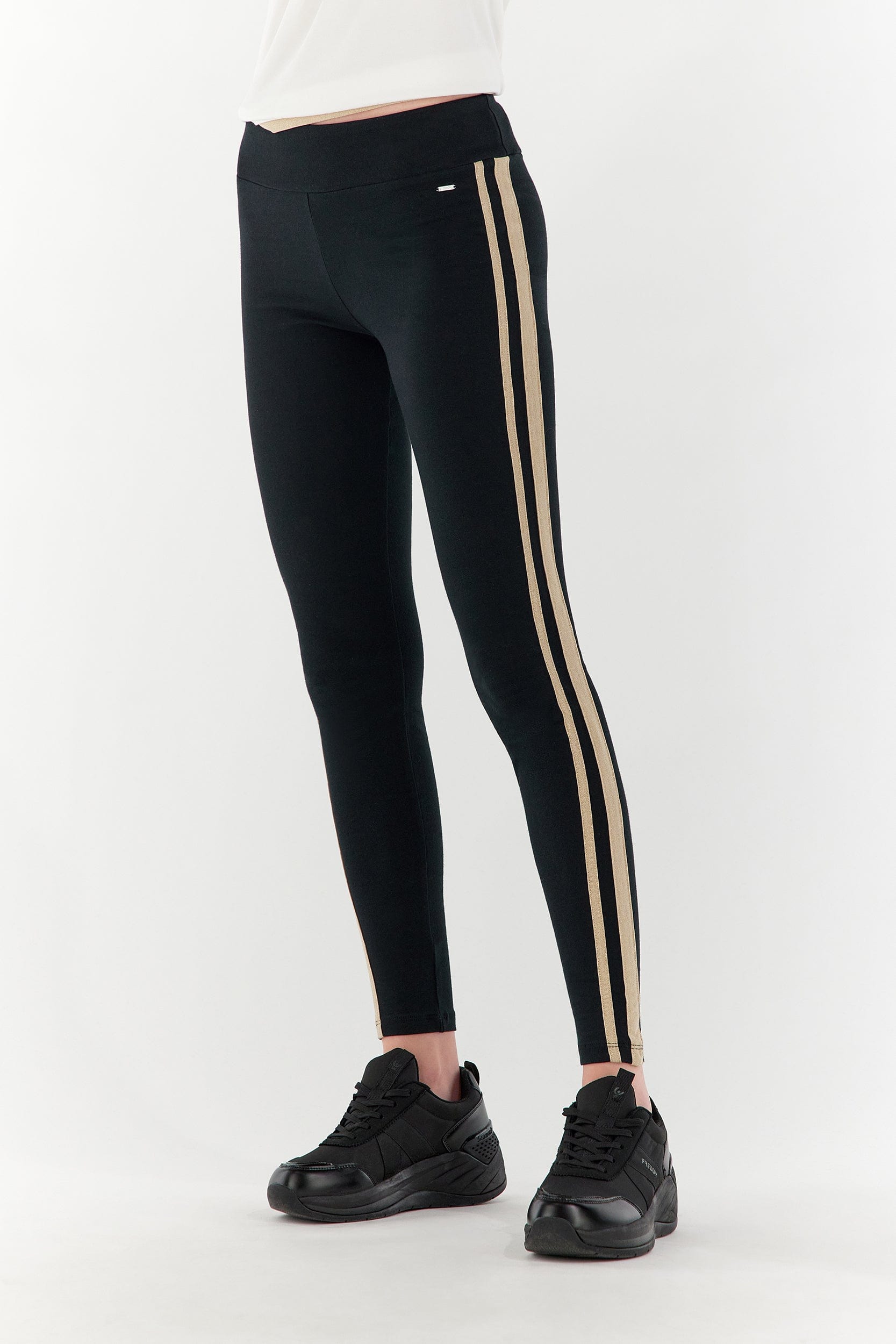 Lurex Activewear Leggings - Mid Rise - Full Length - Black + Gold Stripe 3