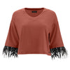 Cropped V Neck shirt with 3/4 sleeves and feather trim - Etruscan Red 1