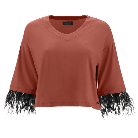 Cropped V Neck shirt with 3/4 sleeves and feather trim - Etruscan Red 1