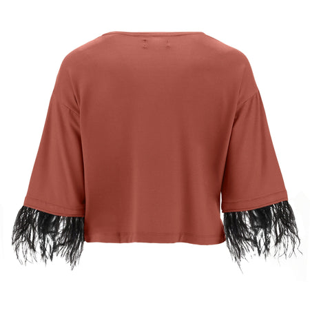 Cropped V Neck shirt with 3/4 sleeves and feather trim - Etruscan Red 2