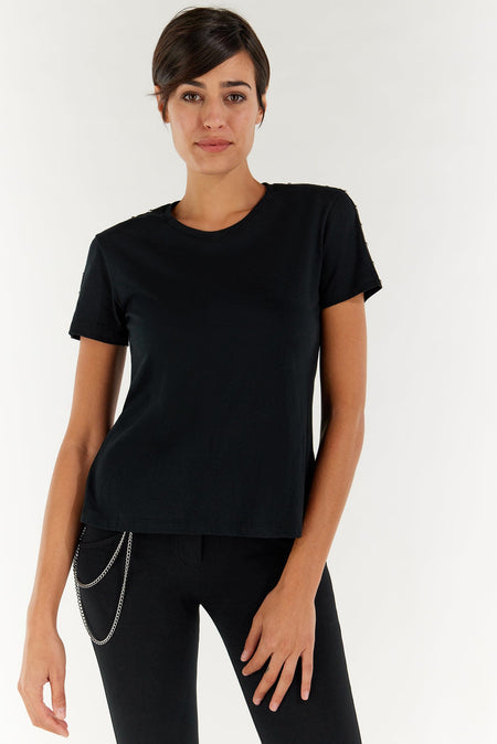 T Shirt with Shoulder Studs - Black 1