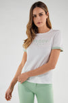 T Shirt with Striped Trim - White + Green 3