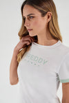 T Shirt with Striped Trim - White + Green 4