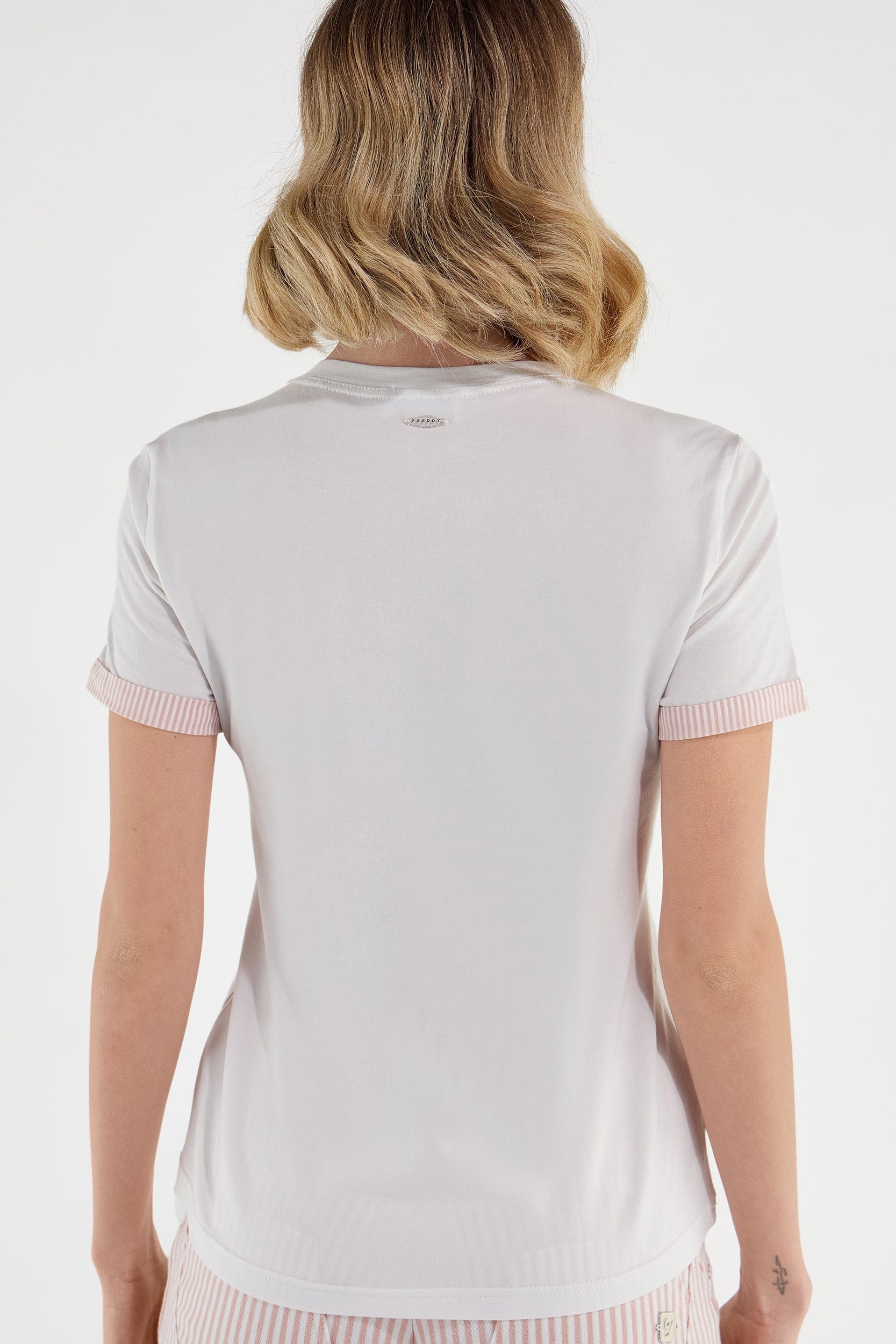 T Shirt with Striped Trim - White + Pink 3