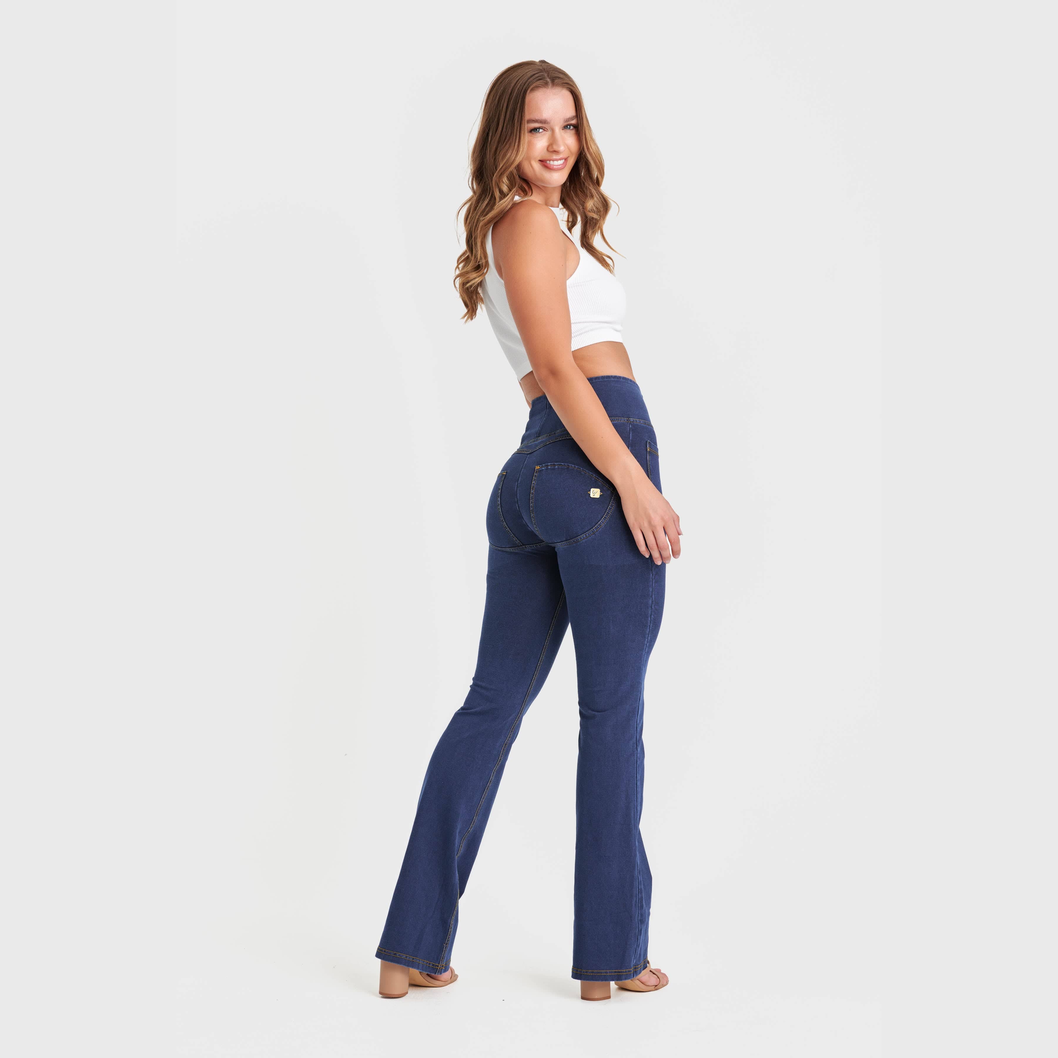 WR.UP® Denim with Front Pockets - Super High Waisted - Flare - Dark Blue + Yellow Stitching 2