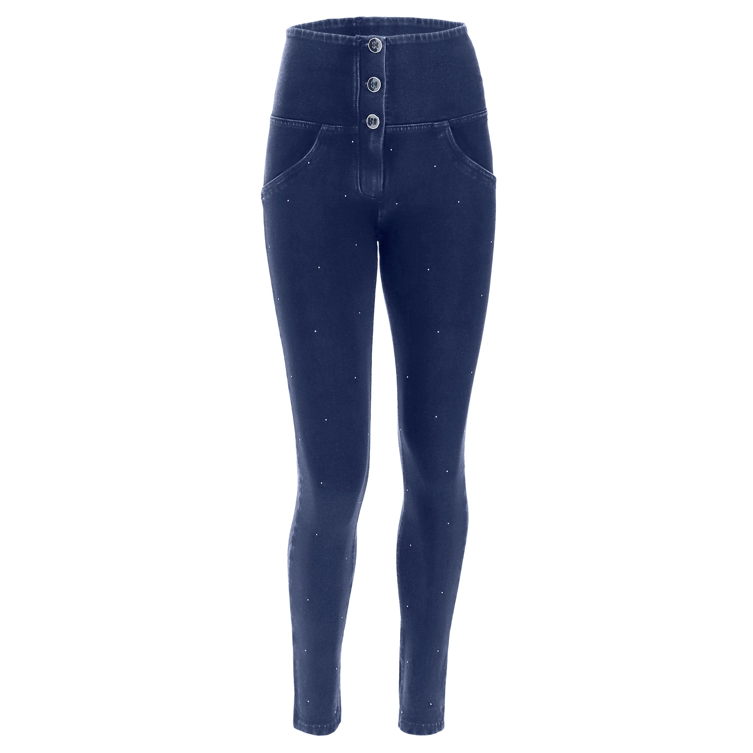 WR.UP® Denim with Micro Studs - 3 Button High Waisted - Full Length - Dark Blue + Blue Stitching 1