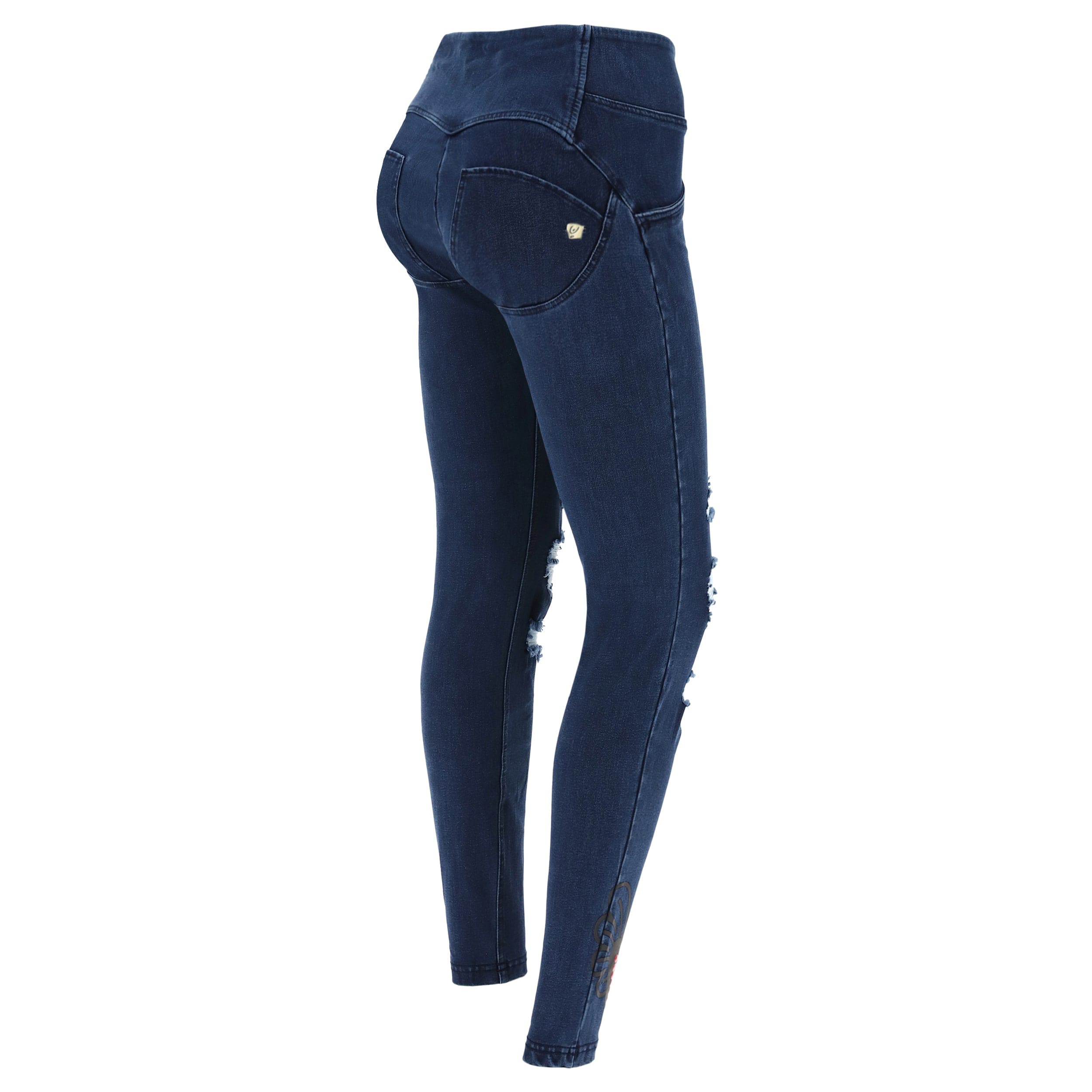 WR.UP® Ripped Denim with Winged Heart - 3 Button Mid waist - Full Length - Dark Blue + Blue Stitching 1