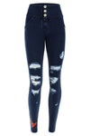 WR.UP® Ripped Denim with Winged Heart - 3 Button Mid waist - Full Length - Dark Blue + Blue Stitching 4