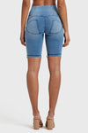 WR.UP® Denim - High Waisted - 3 Button Biker Shorts - Light Blue + Blue Stitching 3