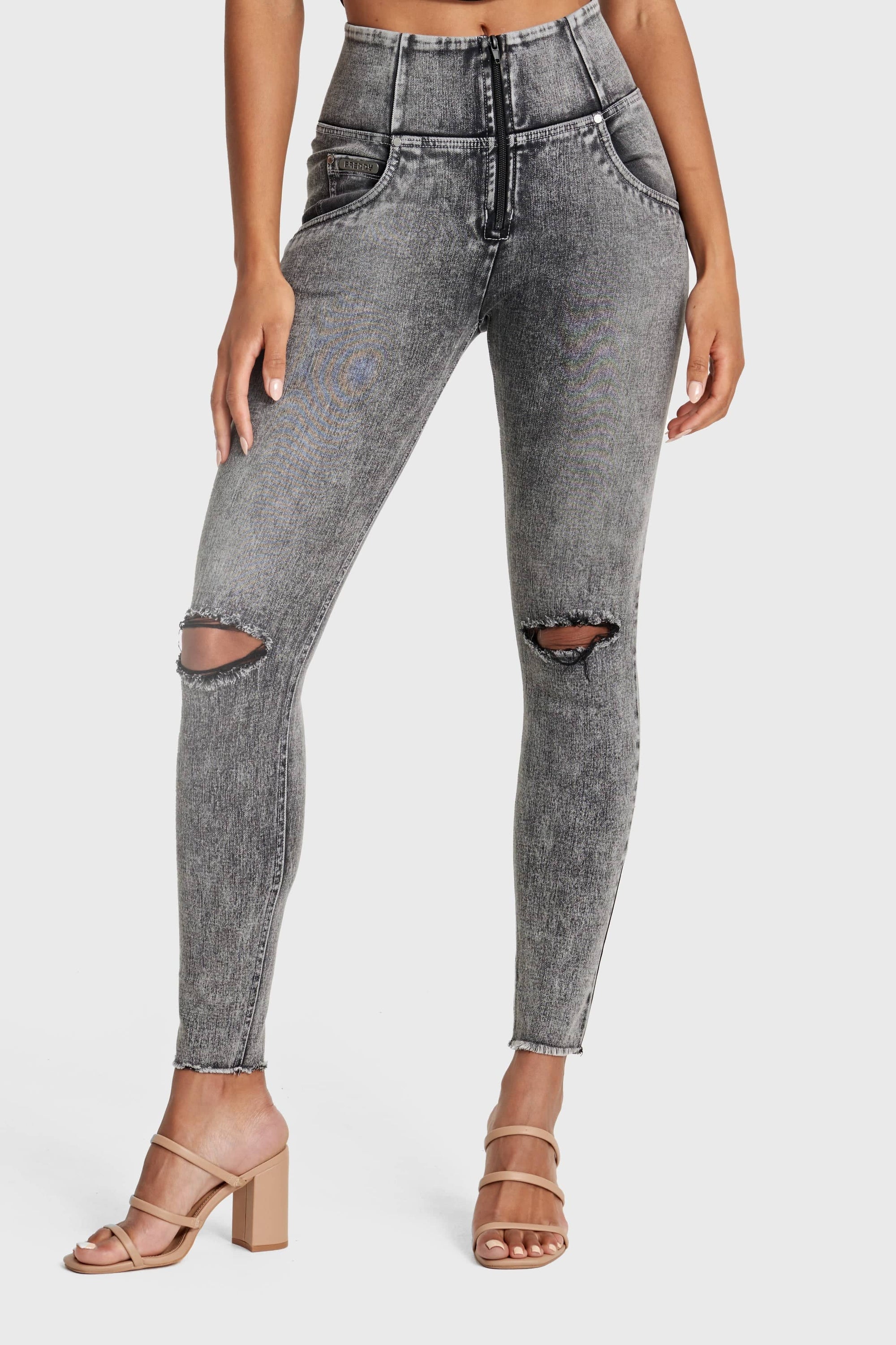 WR.UP® Snug Ripped Jeans - High Waisted - Full Length - Grey Stonewash + Grey Stitching 1