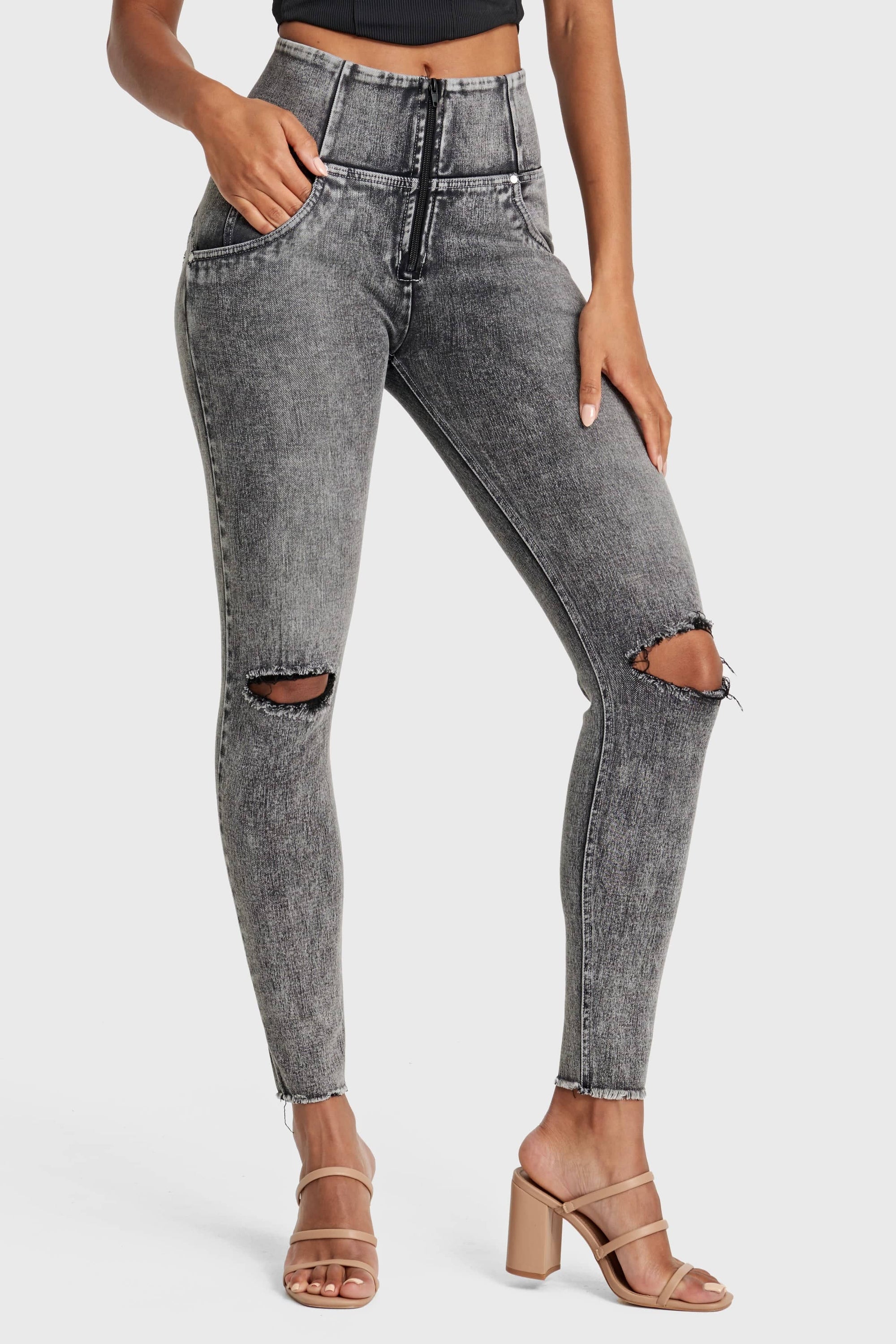 WR.UP® Snug Ripped Jeans - High Waisted - Full Length - Grey Stonewash + Grey Stitching 7
