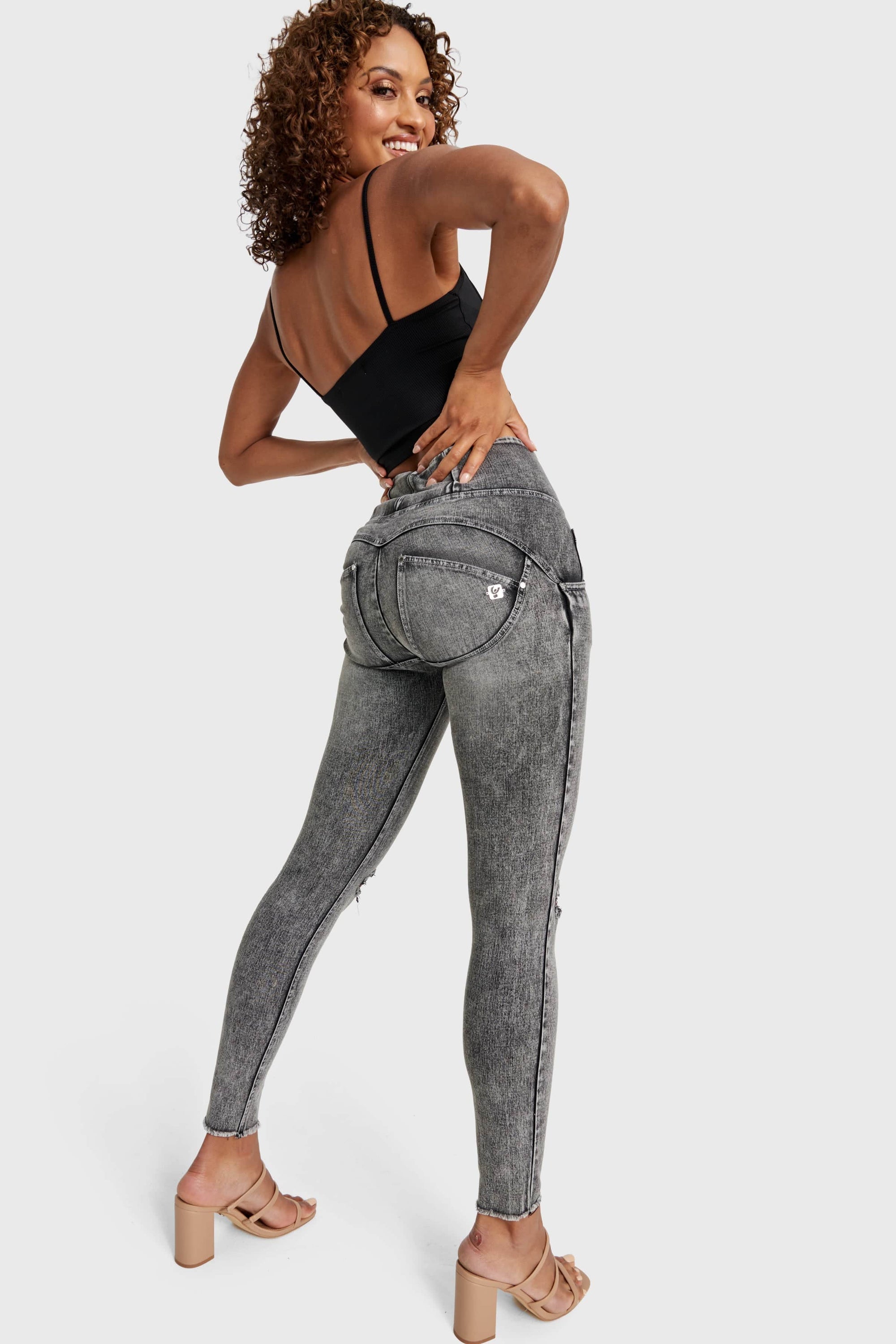 WR.UP® Snug Ripped Jeans - High Waisted - Full Length - Grey Stonewash + Grey Stitching 11