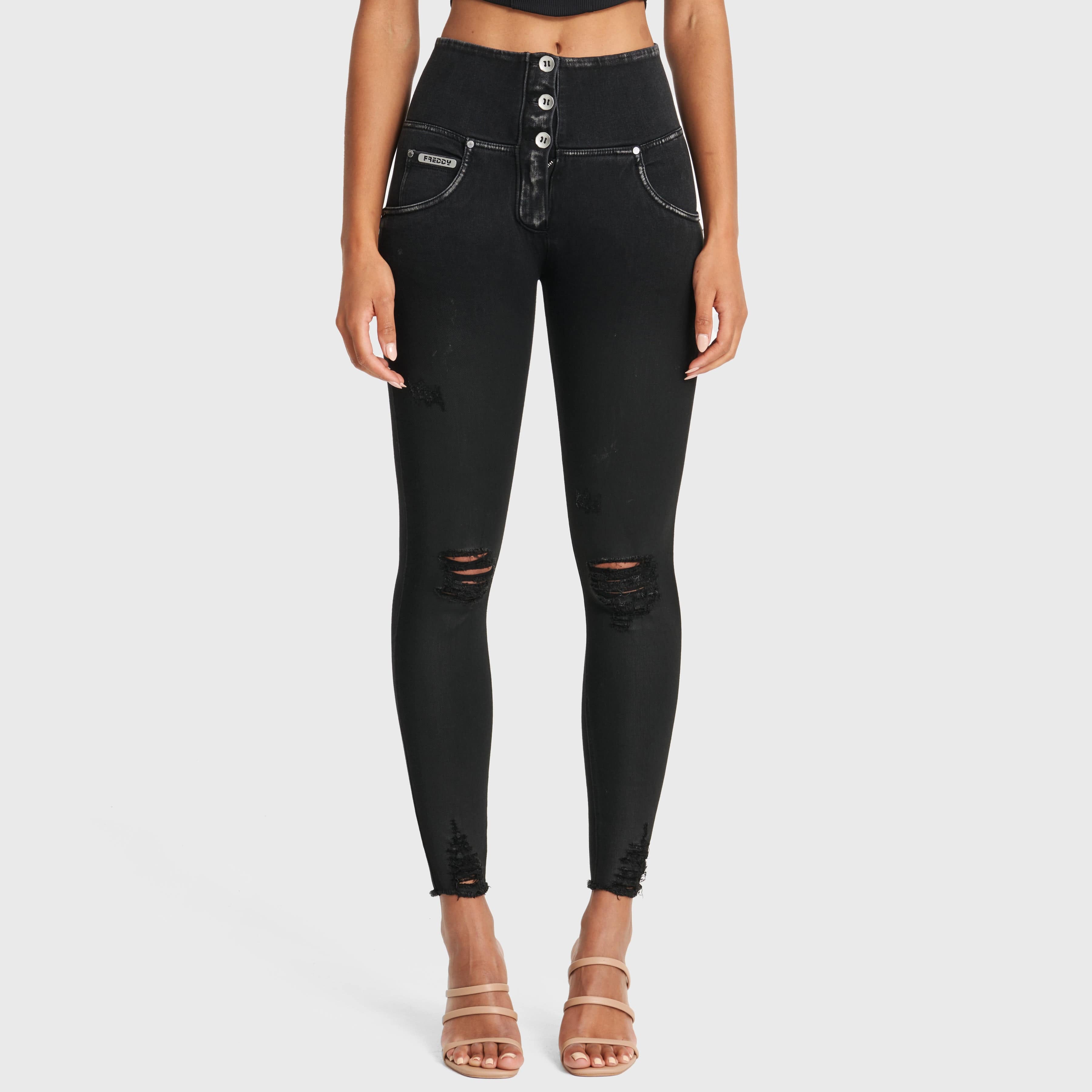 WR.UP® Snug Ripped Jeans - High Waisted - Full Length - Coated Black + Black Stitching 1