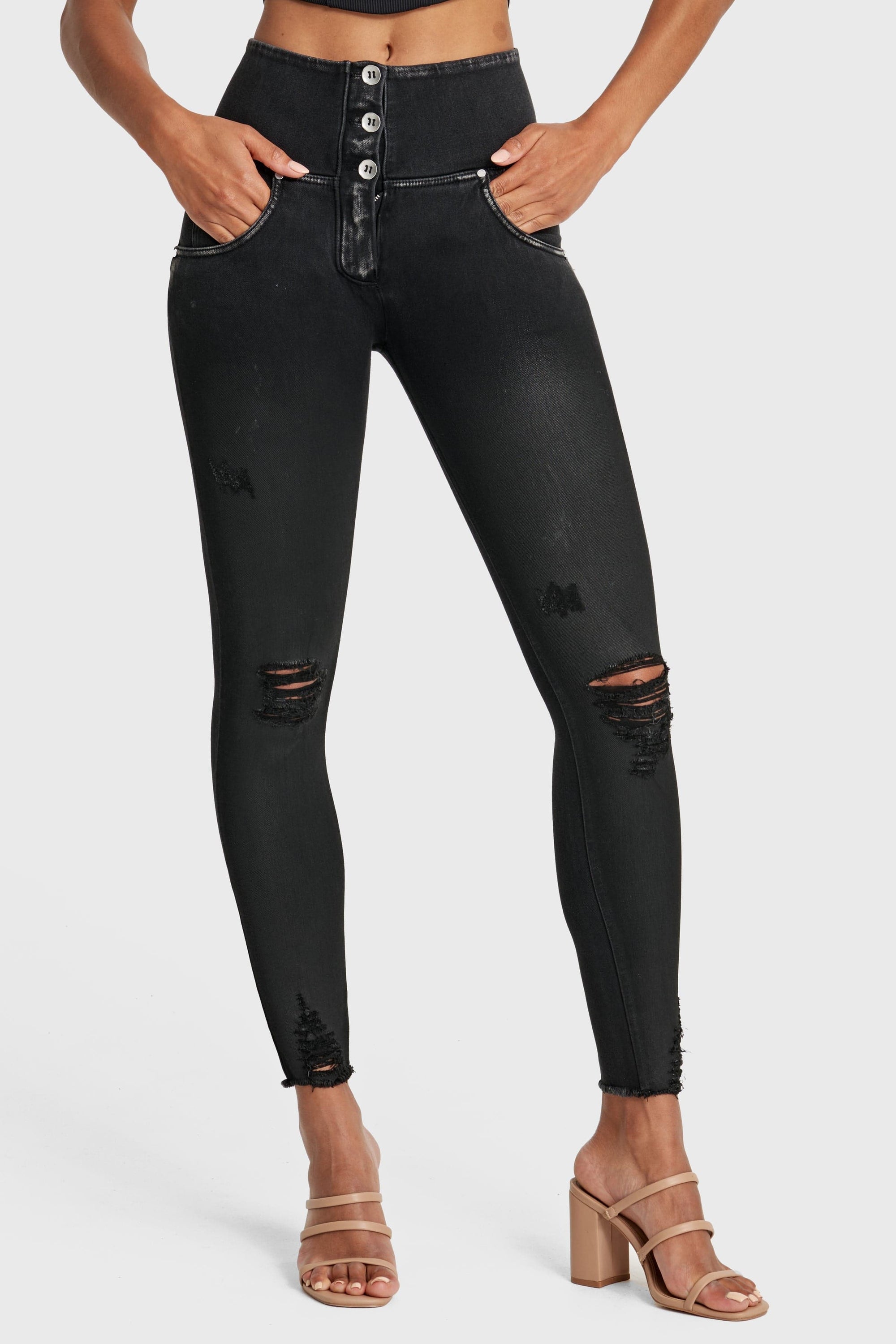 WR.UP® Snug Ripped Jeans - High Waisted - Full Length - Coated Black + Black Stitching 4