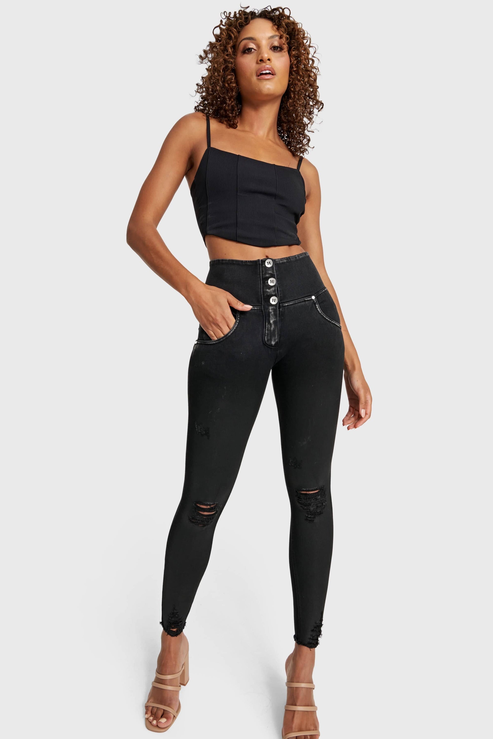 WR.UP® Snug Ripped Jeans - High Waisted - Full Length - Coated Black + Black Stitching 8