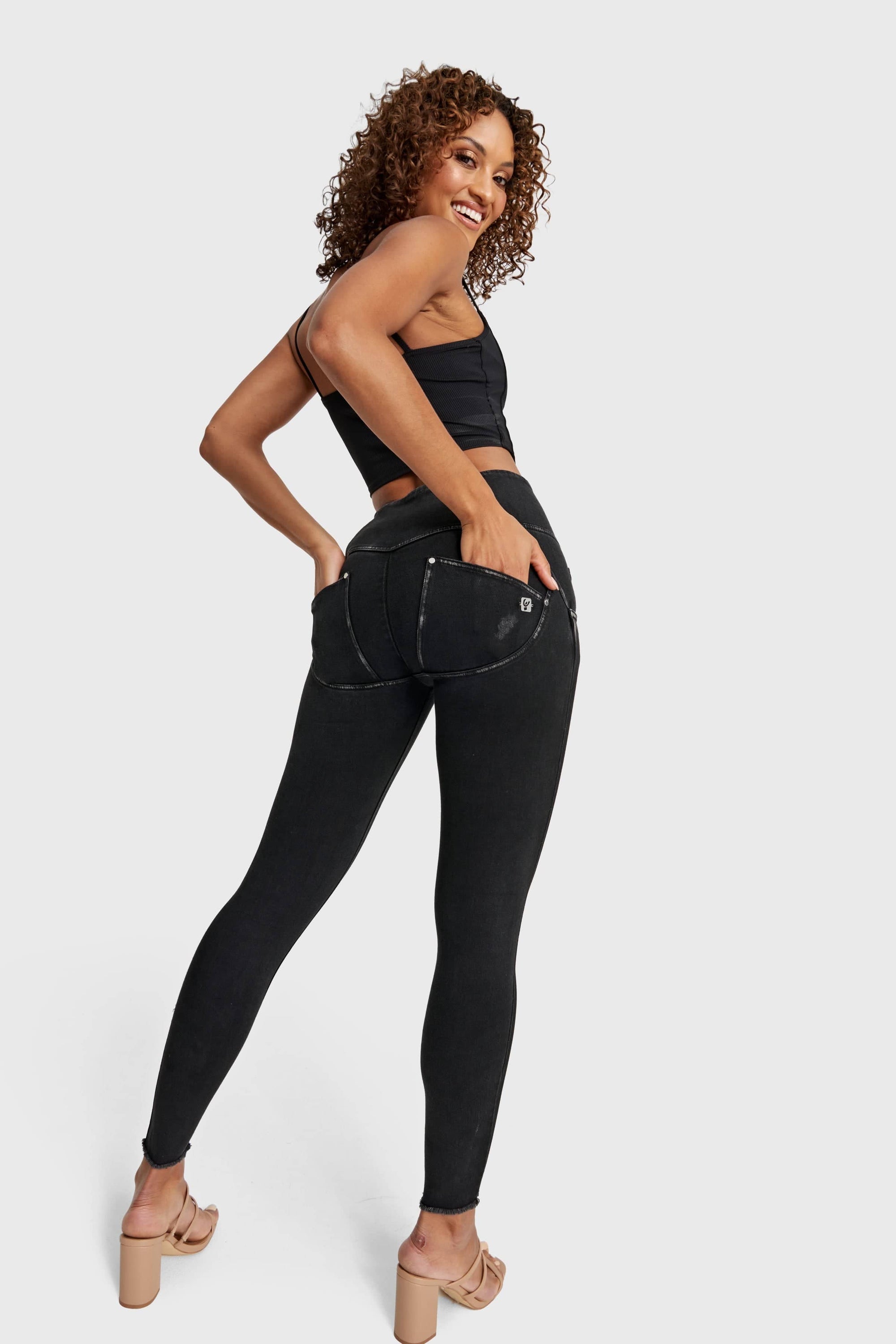 WR.UP® Snug Ripped Jeans - High Waisted - Full Length - Coated Black + Black Stitching 9