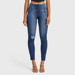 WR.UP® Snug Distressed Jeans - High Waisted - Full Length - Dark Blue + Blue Stitching