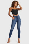 WR.UP® Snug Distressed Jeans - High Waisted - Full Length - Dark Blue + Blue Stitching 4