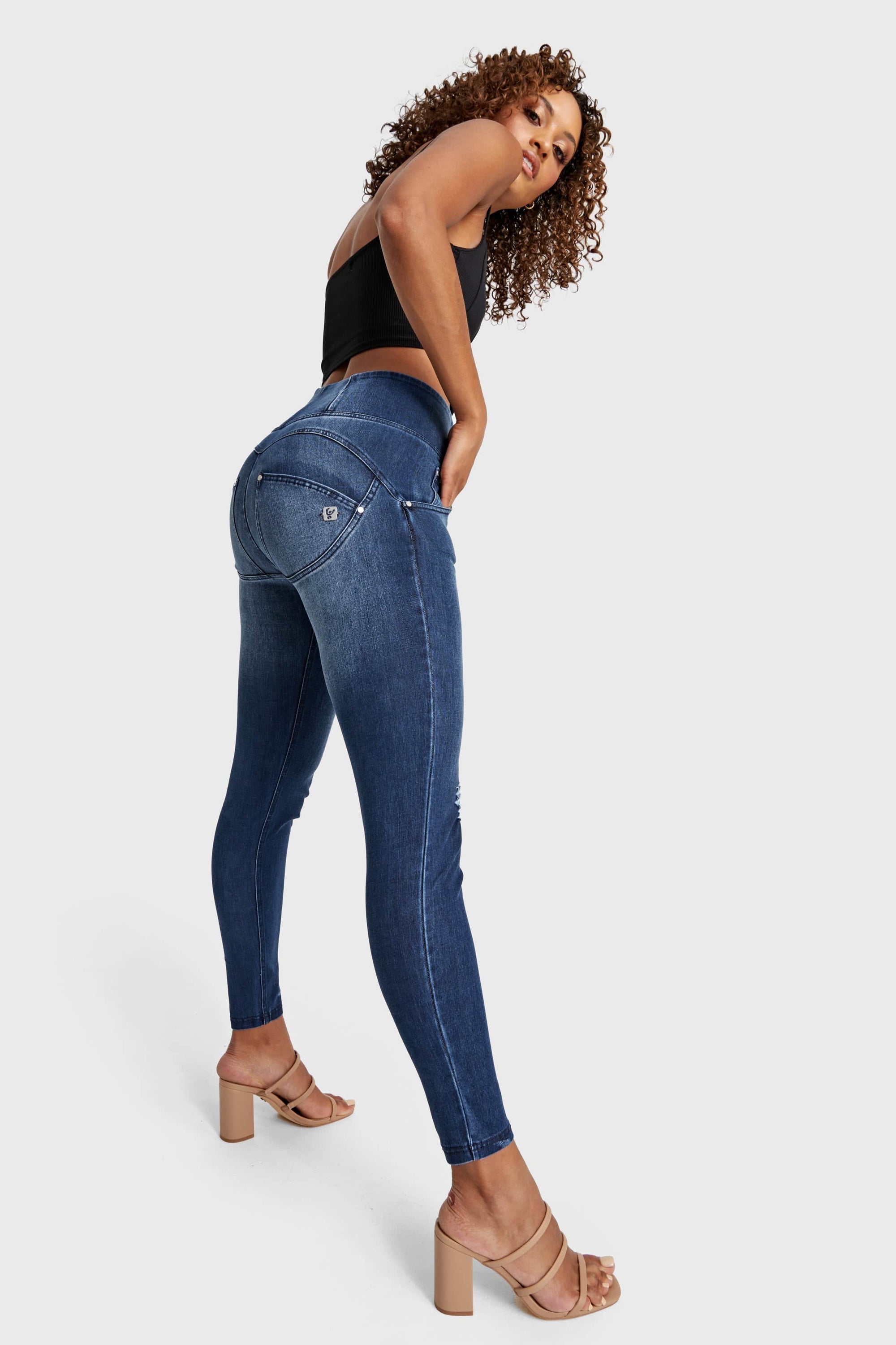 WR.UP® Snug Distressed Jeans - High Waisted - Full Length - Dark Blue + Blue Stitching 7