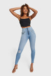 WR.UP® SNUG Distressed Jeans - High Waisted - Full Length - Light Blue + Yellow Stitching 7