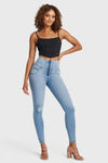 WR.UP® SNUG Distressed Jeans - High Waisted - Full Length - Light Blue + Yellow Stitching 9