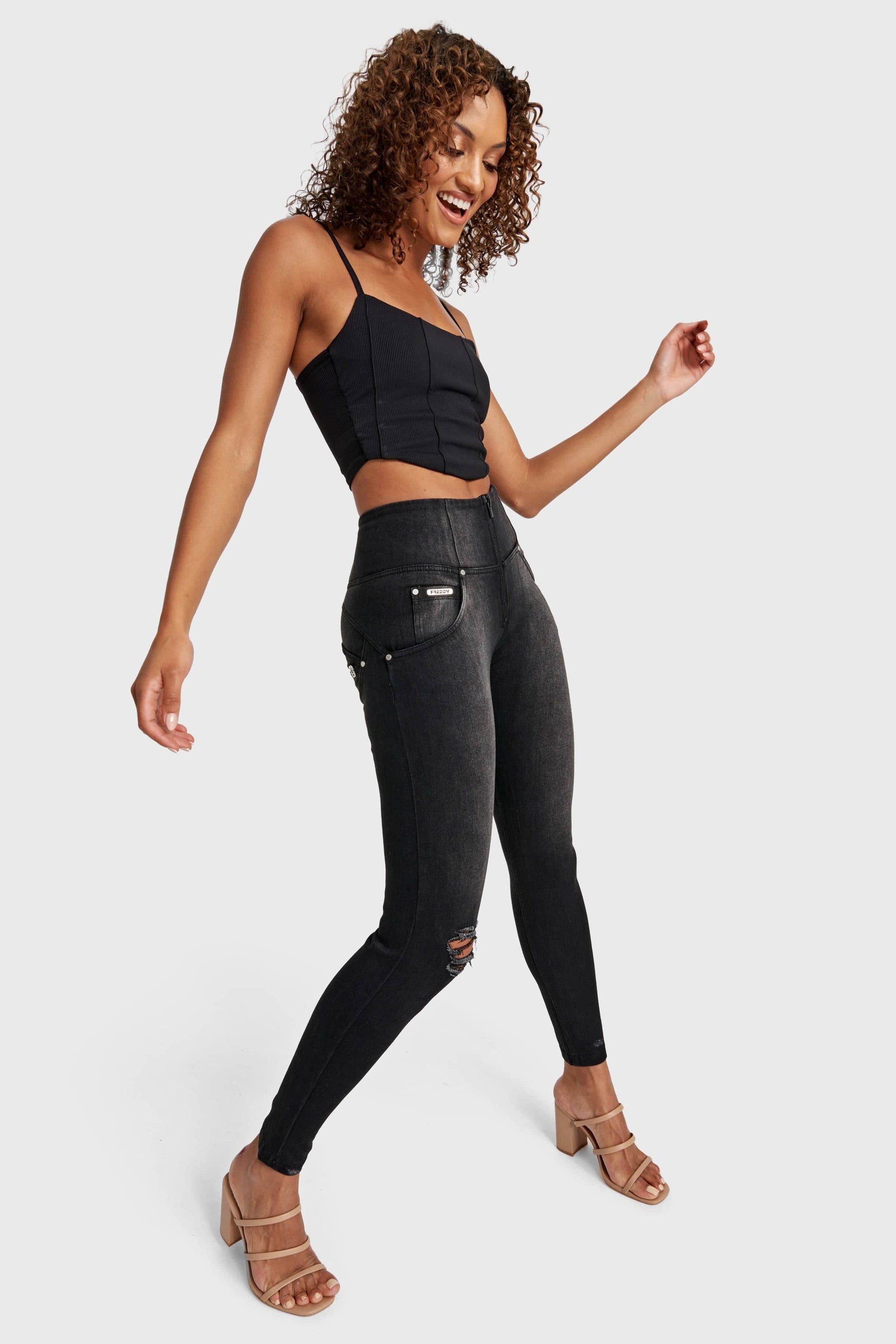 WR.UP® Snug Distressed Jeans - High Waisted - Full Length - Black + Black Stitching 9