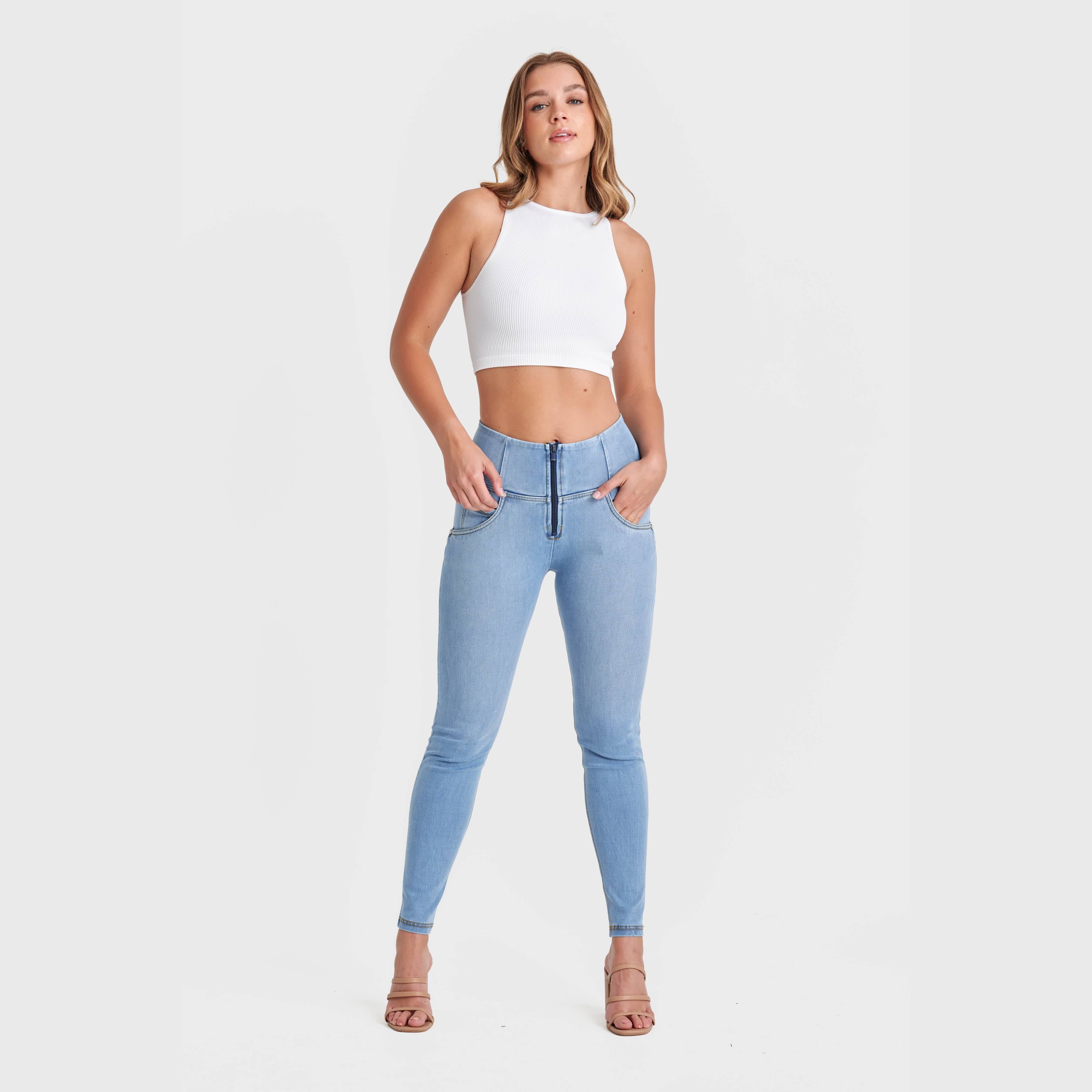 WR.UP® Snug Jeans - High Waisted - Full Length - Light Blue + Yellow Stitching 3