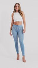 WRUP SNUG Jeans - High Waisted - Full Length - Light Blue + Yellow Stitching