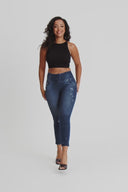 WRUP SNUG Distressed Jeans - High Waisted - 7/8 Length - Dark Blue + Blue Stitching