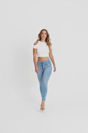 WRUP SNUG Jeans - High Waisted - 7/8 Length - Light Blue + Yellow Stitching