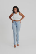 WRUP SNUG Jeans - 2 Button High Waisted - Bootcut - Light Blue + Yellow Stitching